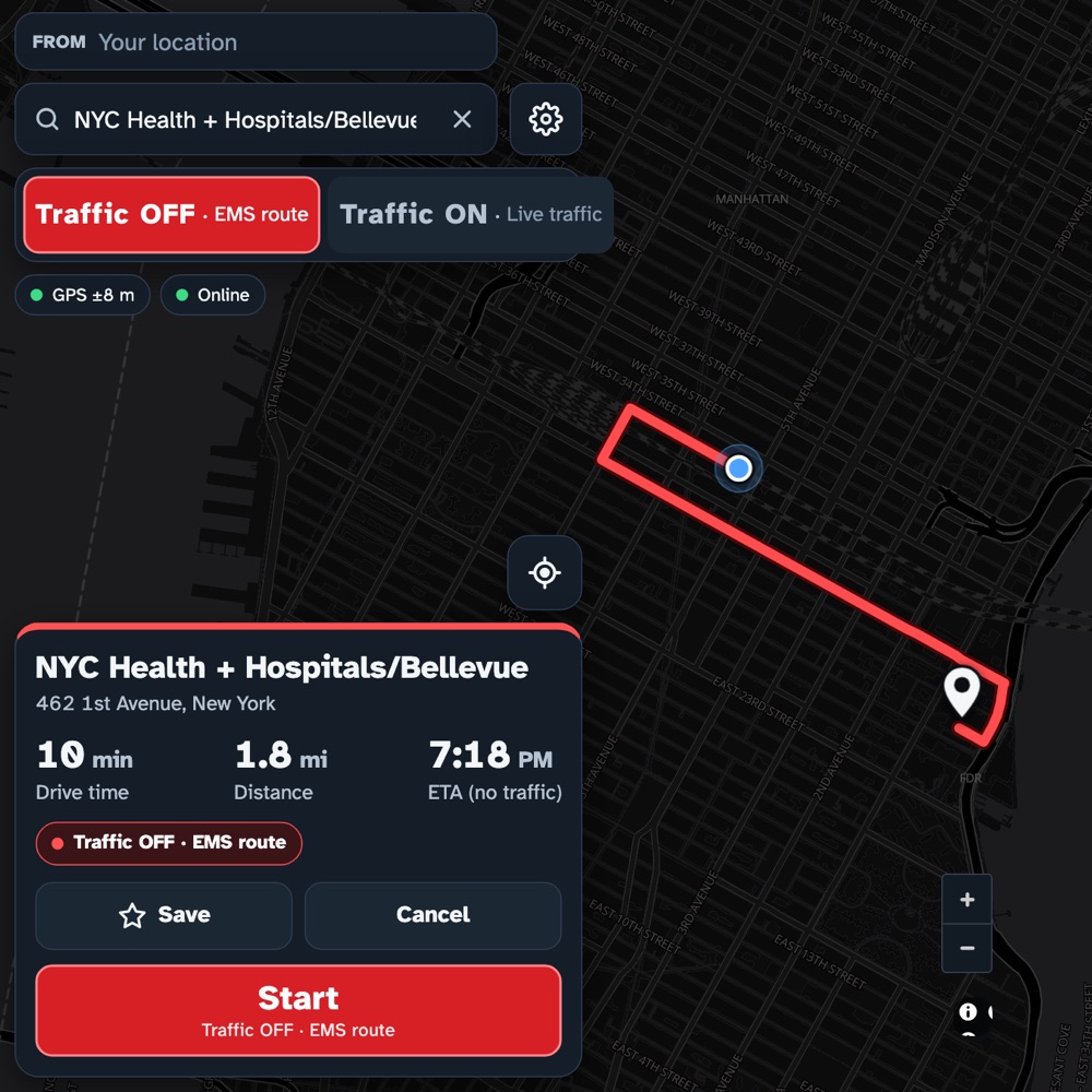 EMS Nav route preview to Bellevue Hospital with Traffic OFF selected